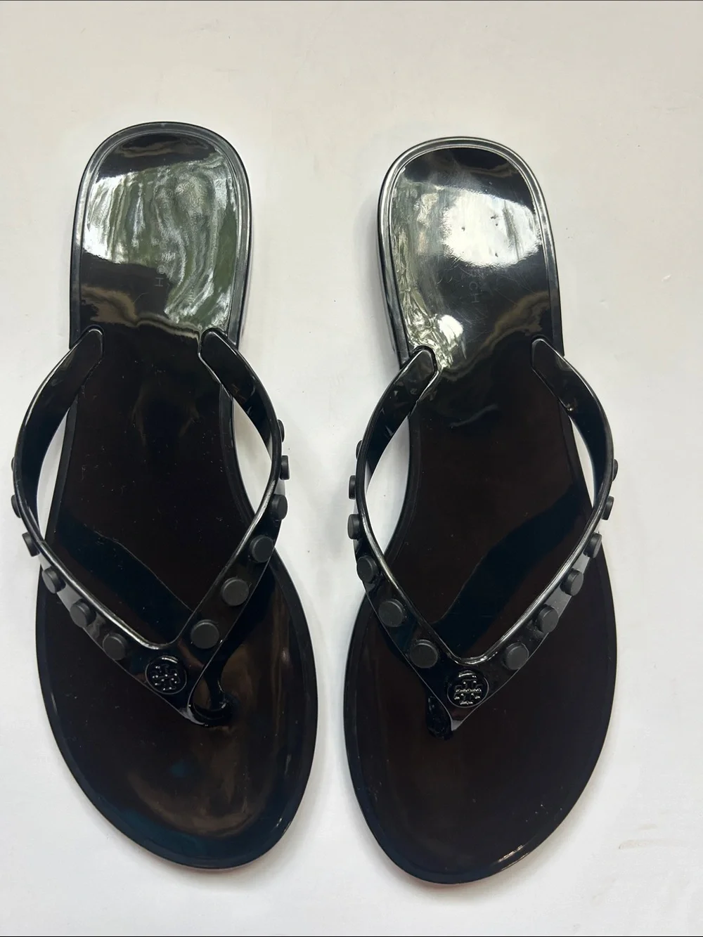 TORY BURCH 10 STUDDED JELLY THONG SANDALS LOGO PERFECT BLACK flip flops